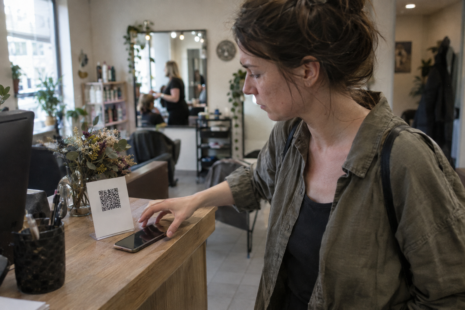 Kartica s QR kodo na recepciji, stranka jo skenira s telefonom