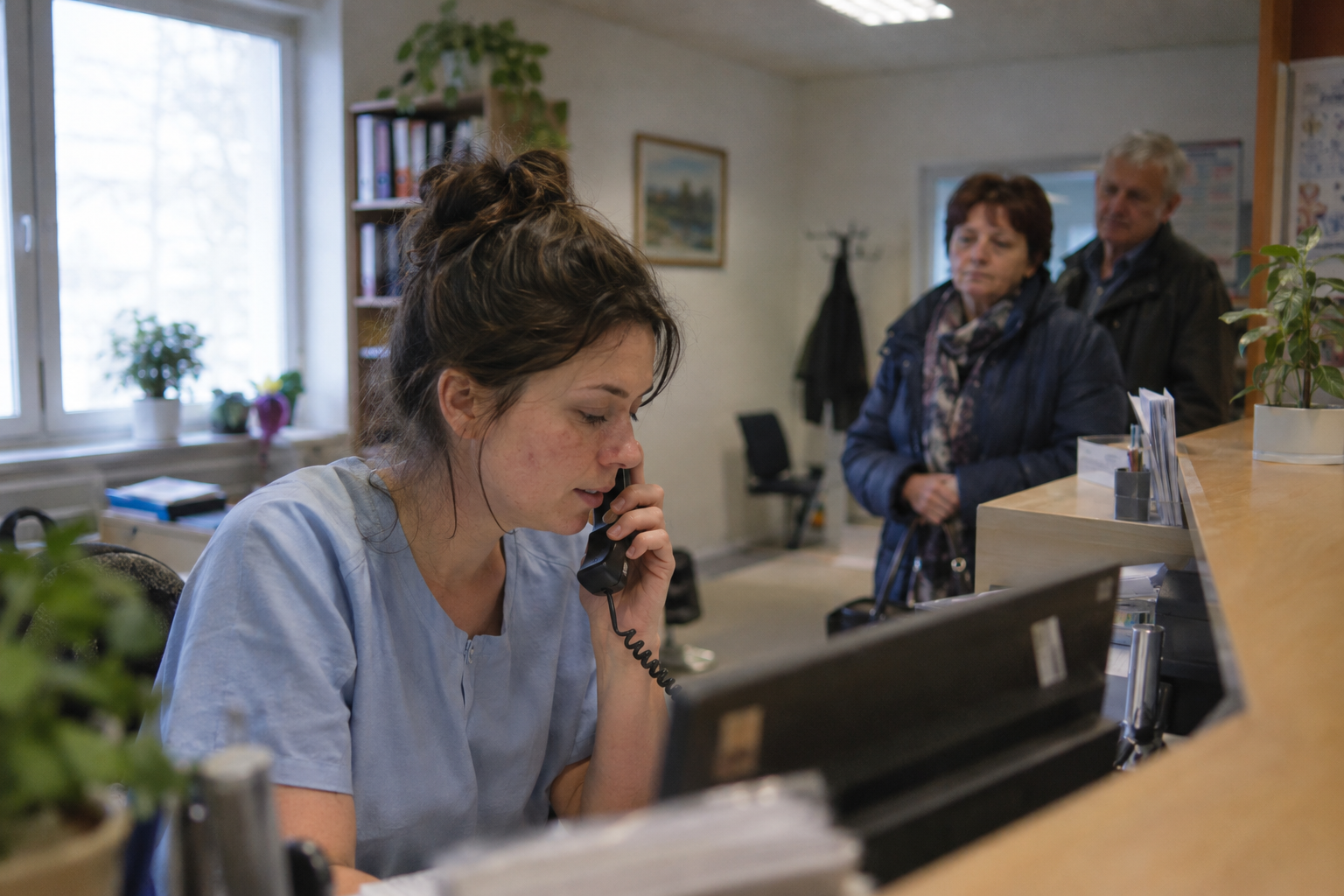 Recepcija ordinacije med zvonjenjem telefona in čakajočimi strankami