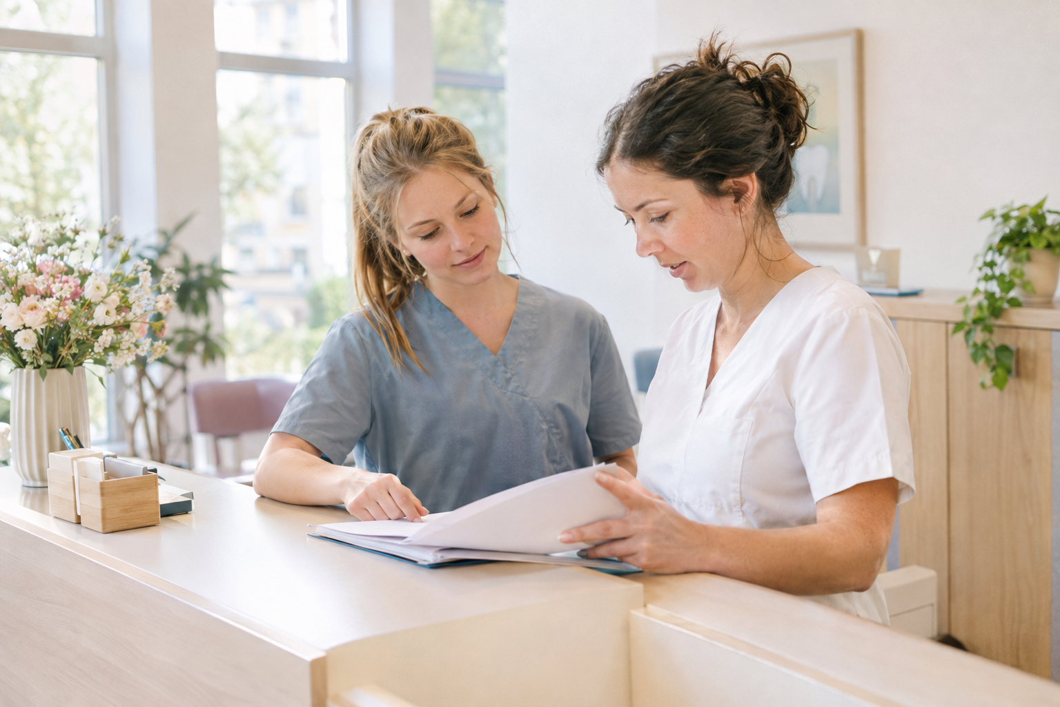 Zobozdravnik in asistentka pregledujeta dokumentacijo pacienta na recepciji